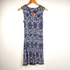 Tory Burch Designer V-neck Sleeveless White Blue Boho Medallion Dress Size XS